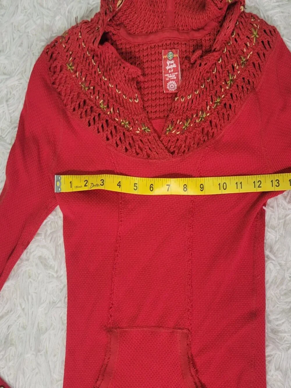 Free People Red Crochet Hood Hoodie Sweater Gold Metallic Snap Cuff Modal Size S